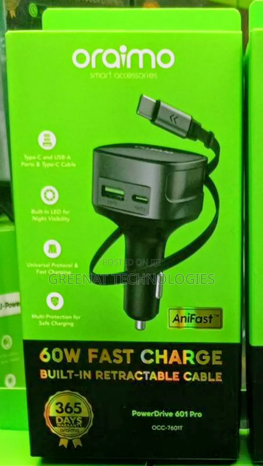 Oraimo PowerDrive 601 60W Fast Charge Car Charger Builtin Retractable