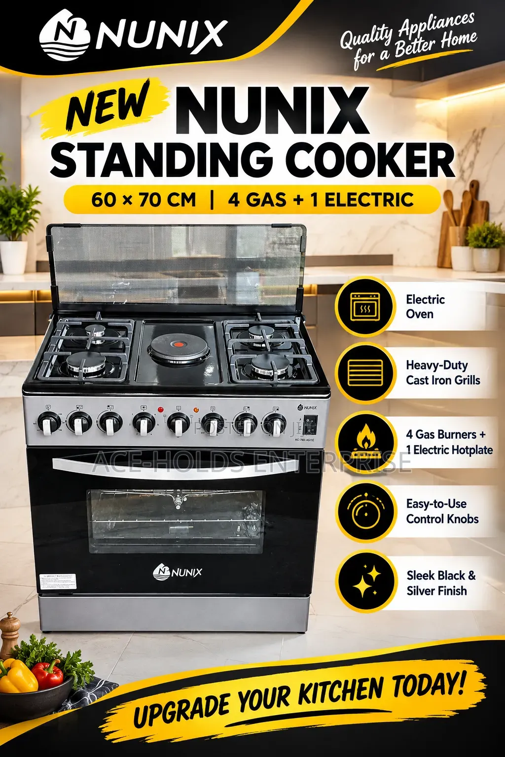 60*70 - New Electric Oven and Cast Iron Grill Nunix Cooker 4G, 1E