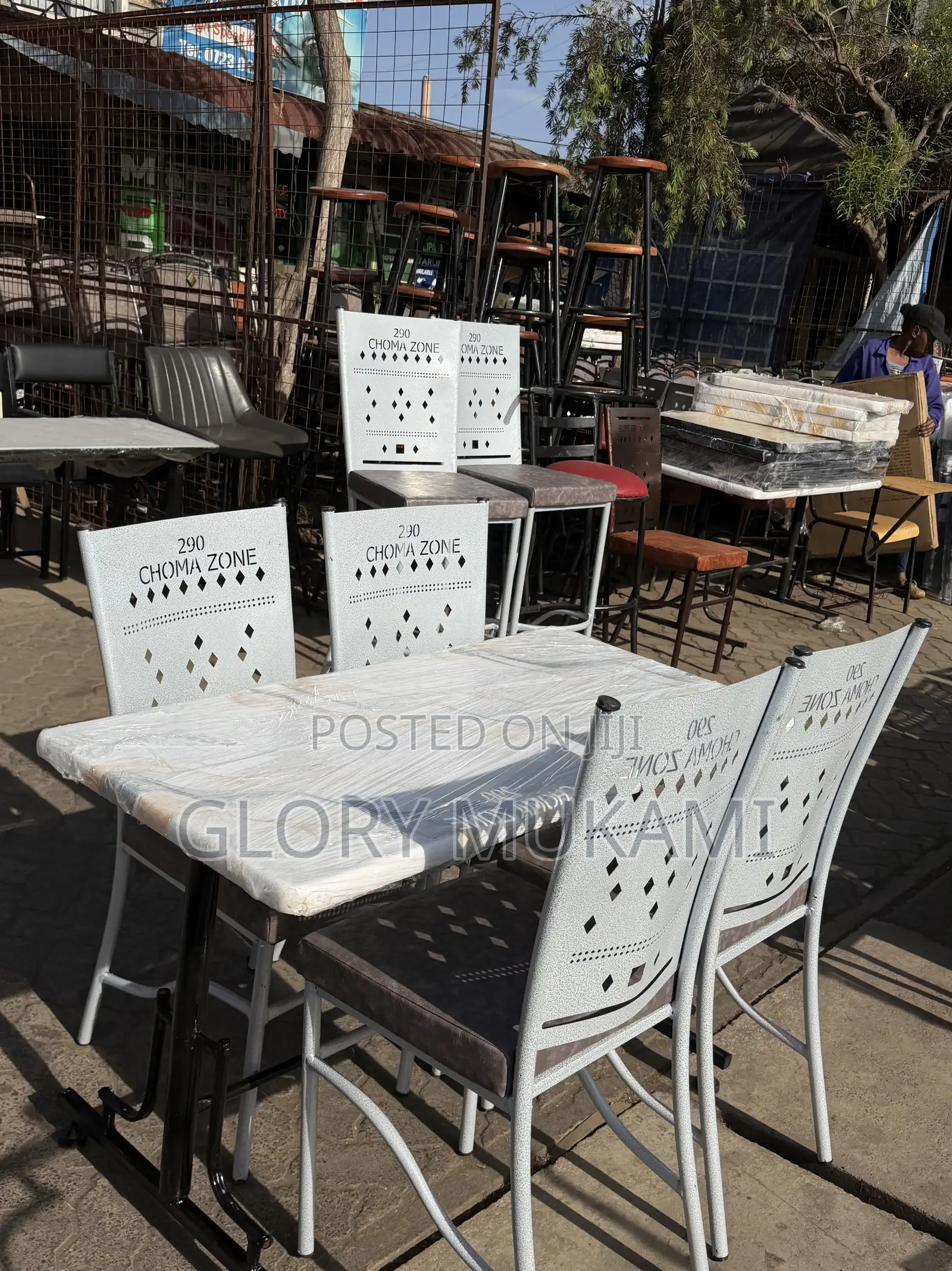White Marble Table and Coated Restaurant Chairs