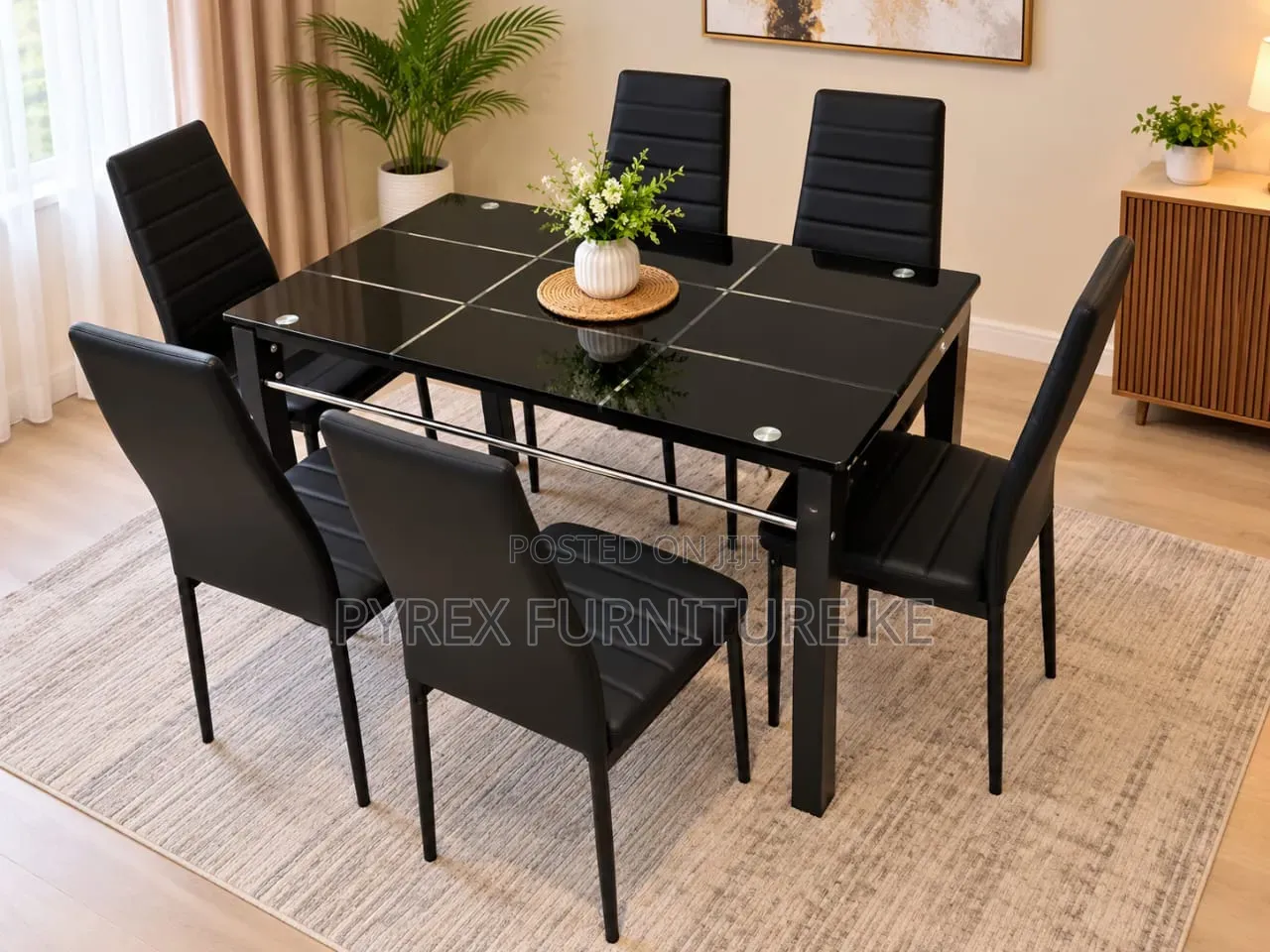 Black Glass Top Dining Set With Black PU Leather Chairs