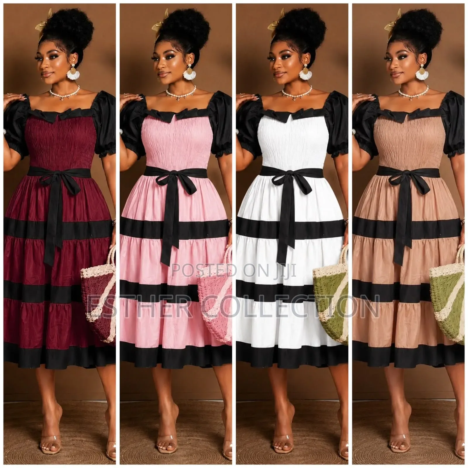 Elegant Women's Puff Sleeve Tiered Midi Dress