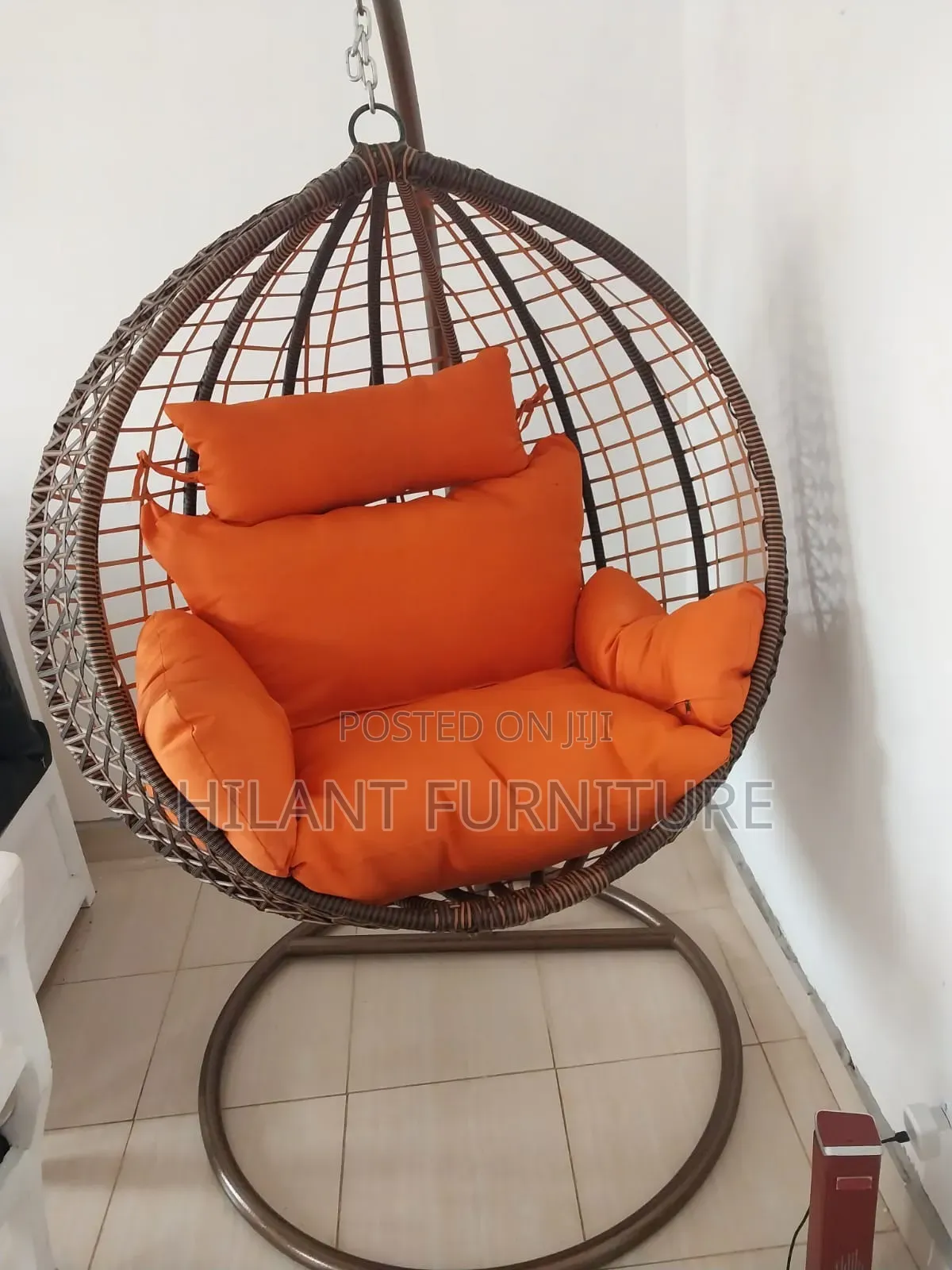 Luxury Brown Rattan Hammock Swing Chair With Cushions and Metal Stand