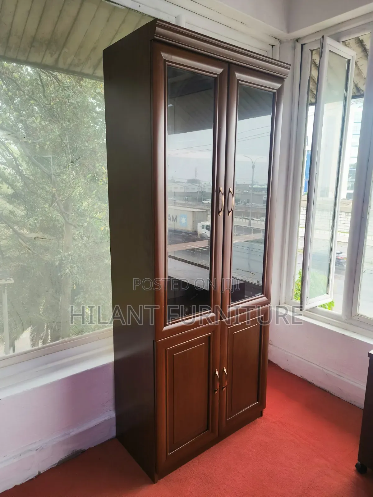 4-Door Wooden Display Cabinet With Glass Doors – Mahogany Finish