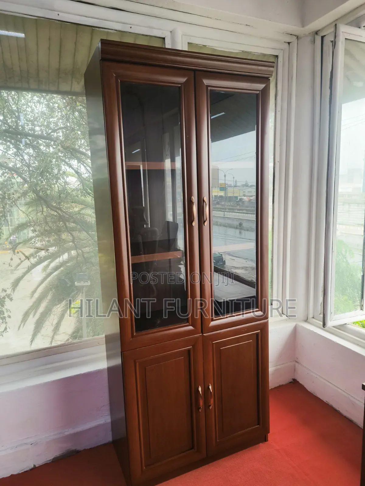 4-Door Wooden Display Cabinet With Glass Doors – Mahogany Finish