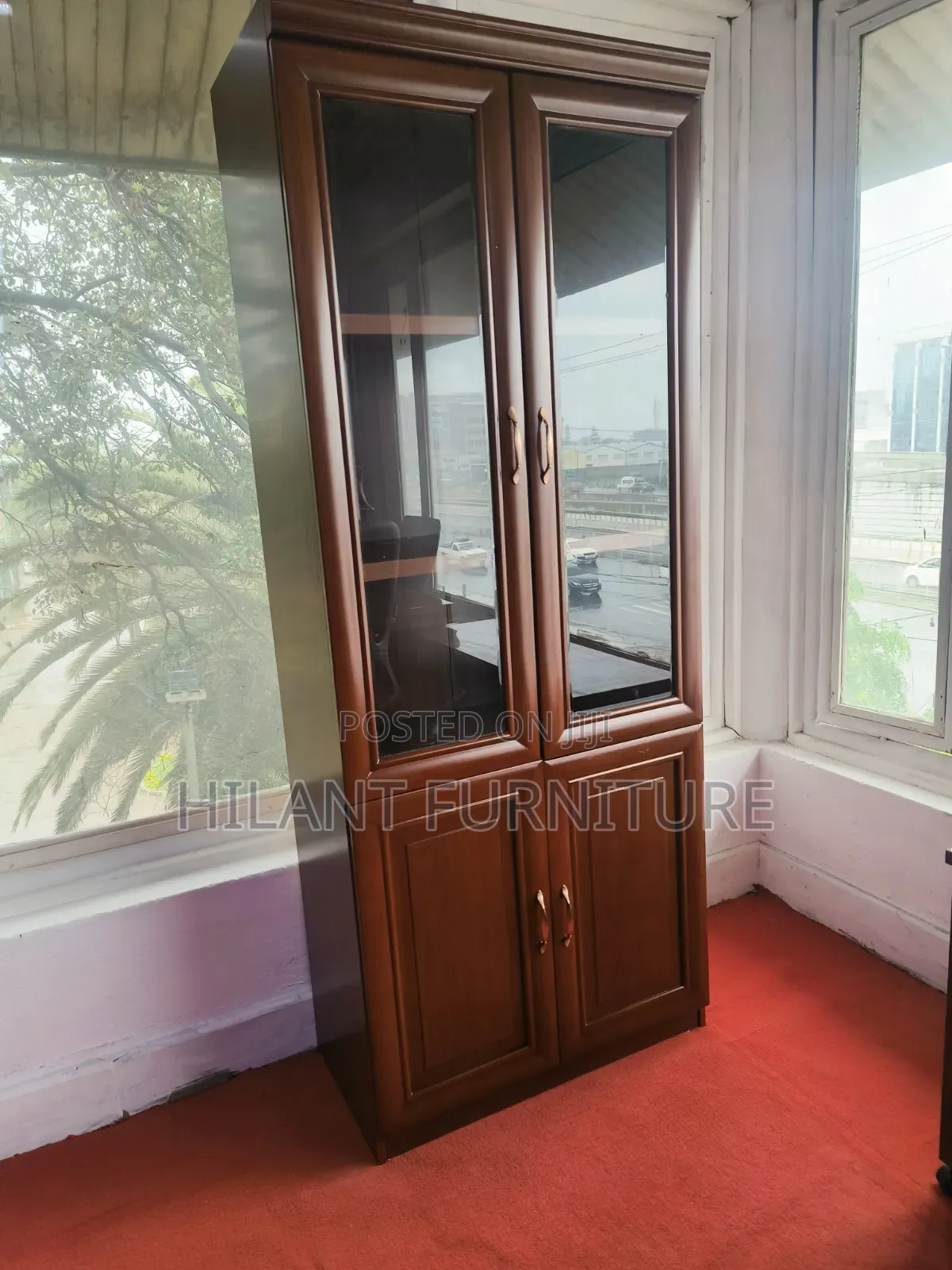 4-Door Wooden Display Cabinet With Glass Doors – Mahogany Finish