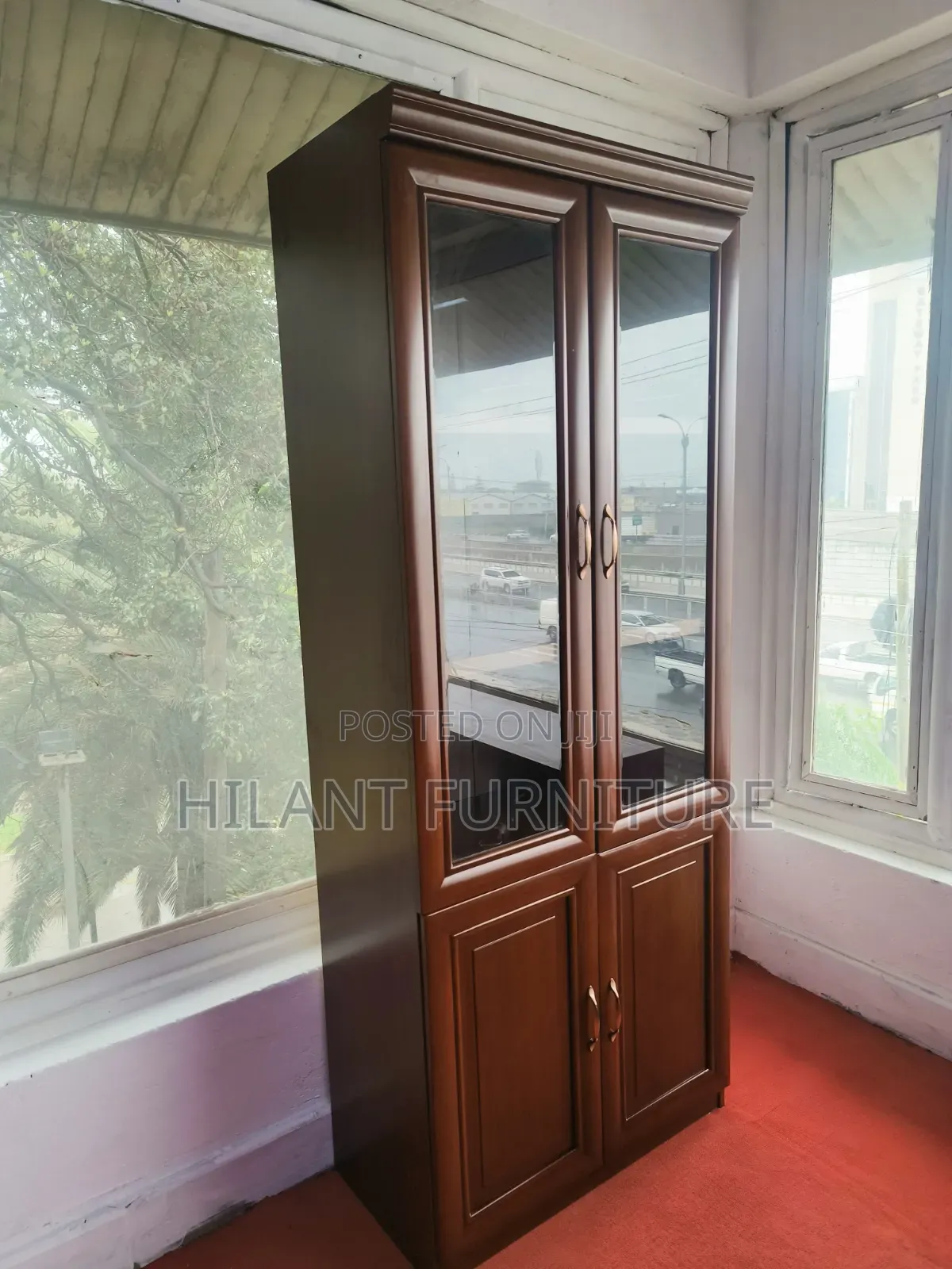 4-Door Wooden Display Cabinet With Glass Doors – Mahogany Finish