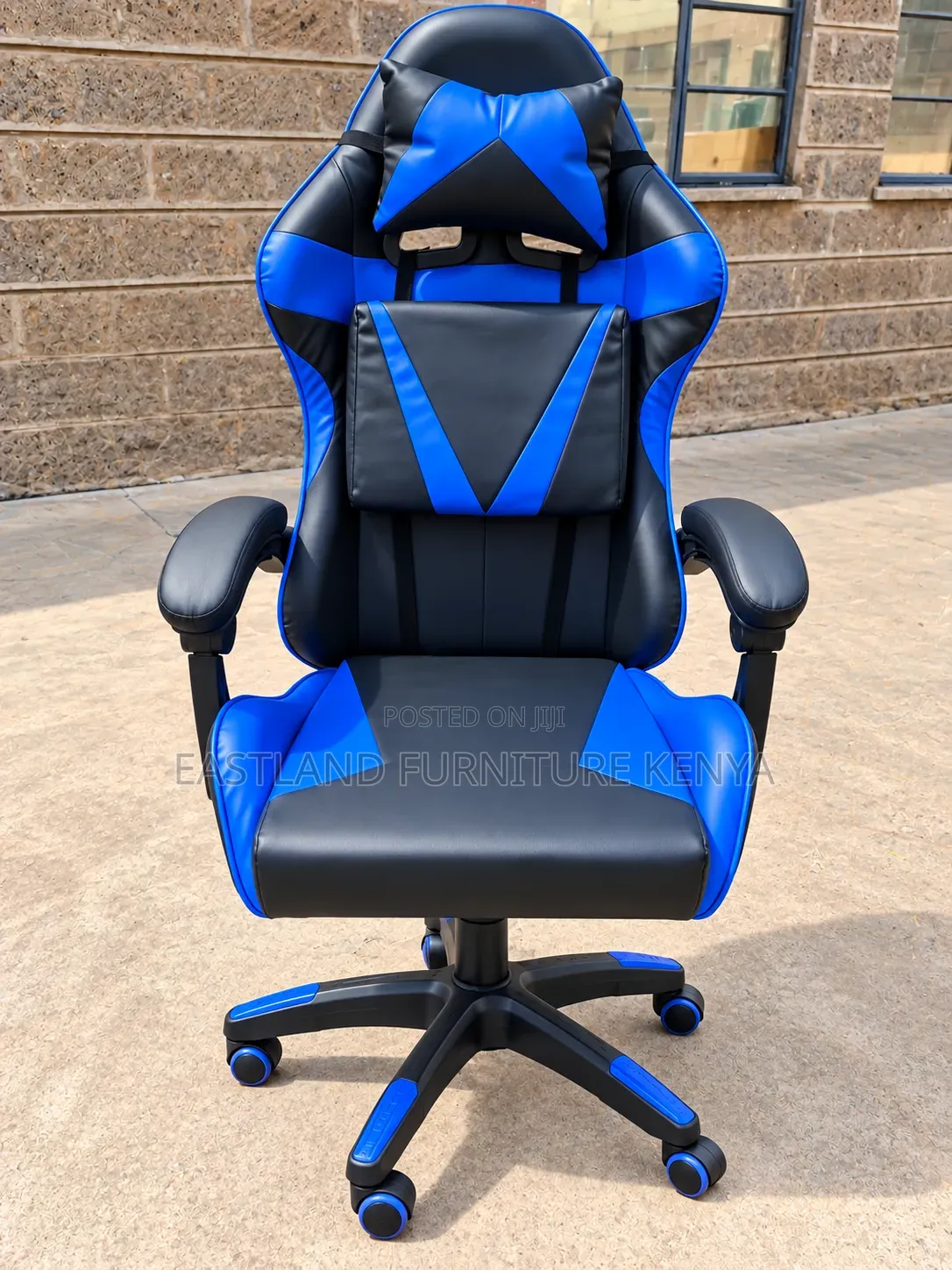 Blue and Black Gaming Chair With Lumbar Support and Headrest