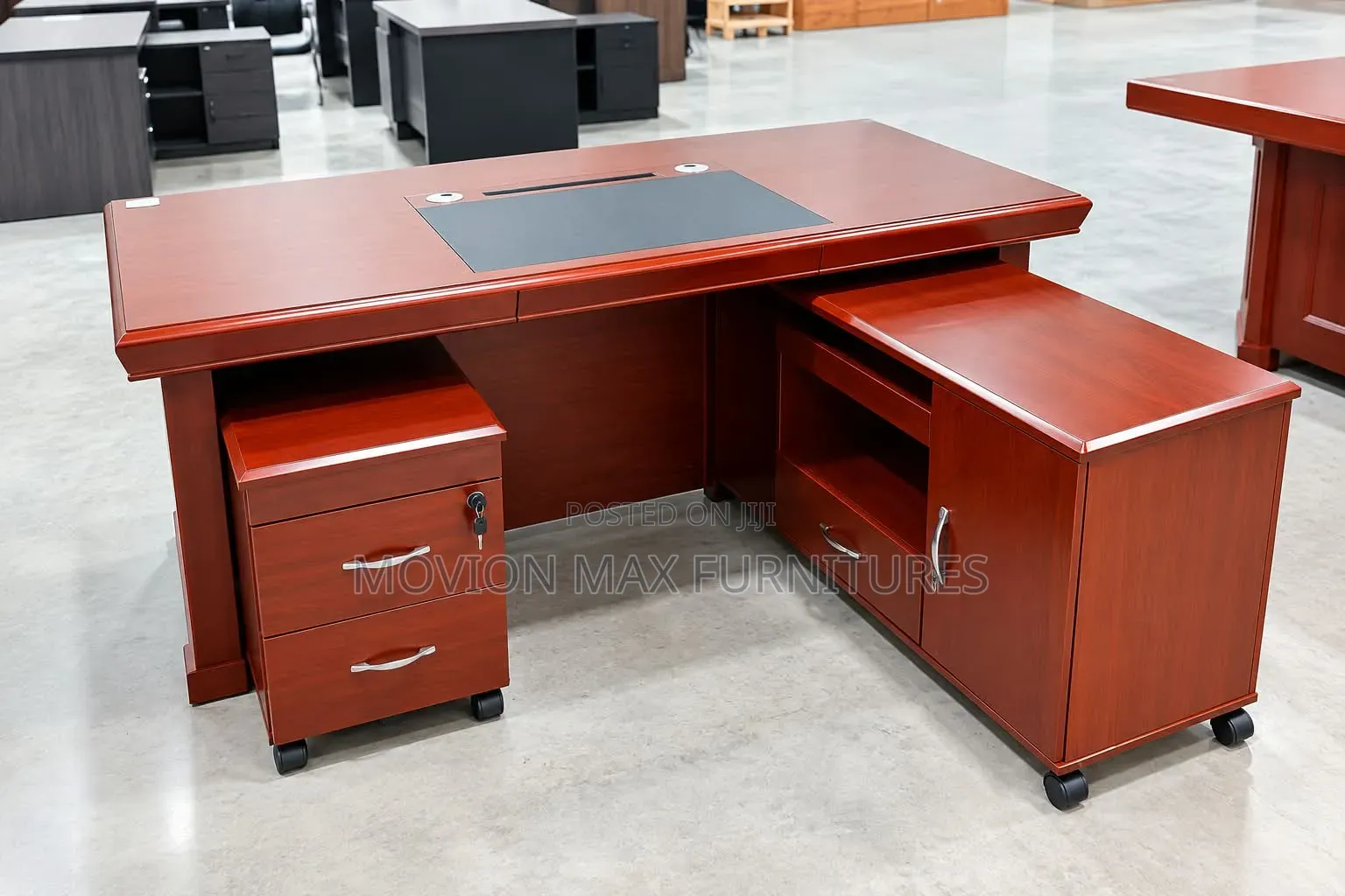 Executive Mahogany L-Shaped Office Desk With Drawers / Storage Cabinet