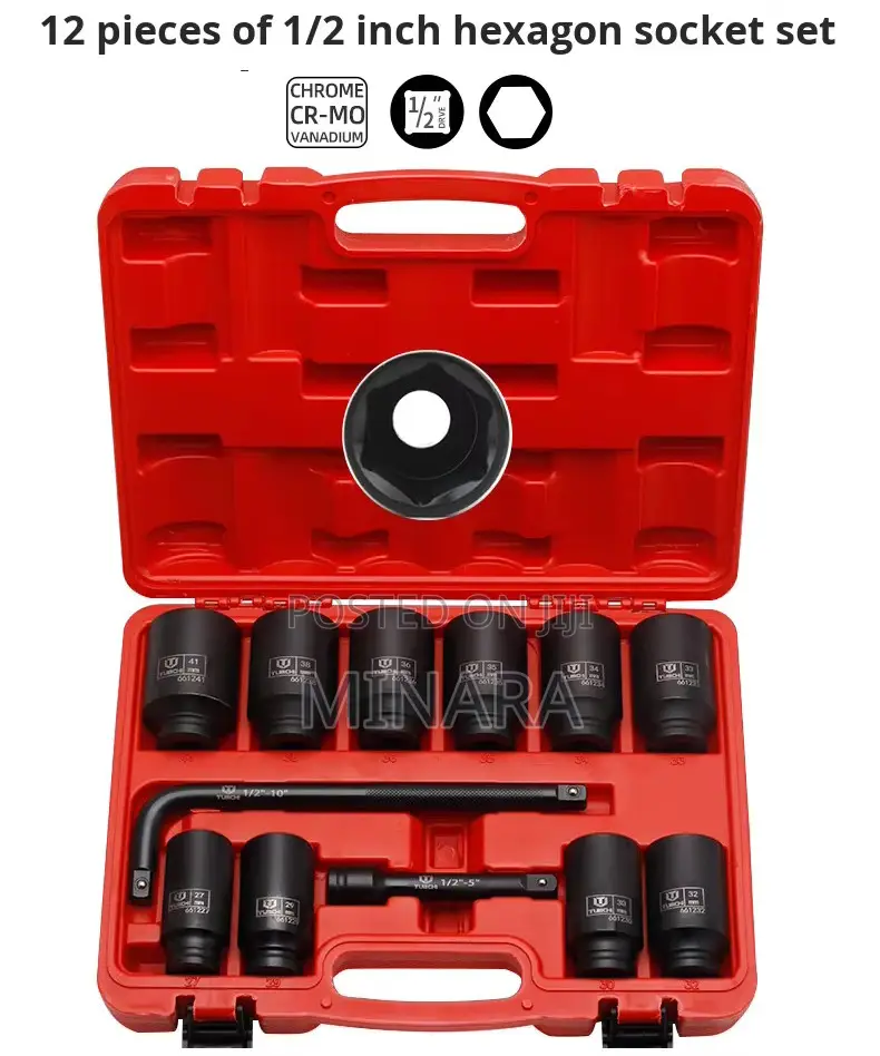 12 PC, Heavy Duty, 1⁄2”, Hub Axel Deep Impact Sockets, 27-41mm, 6pt