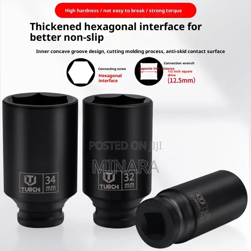 12 PC, Heavy Duty, 1⁄2”, Hub Axel Deep Impact Sockets, 27-41mm, 6pt