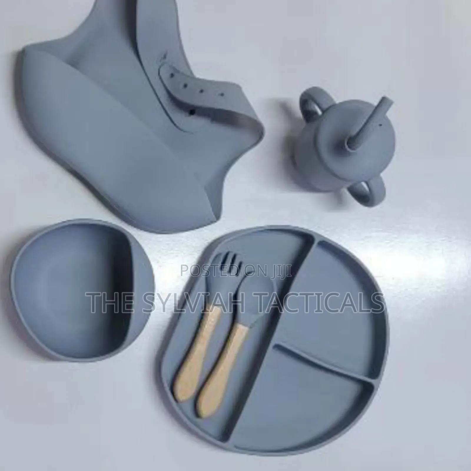 *Silicone Baby Feeding Set With Suction Plate Bowl Bib Spoon Fork Cup