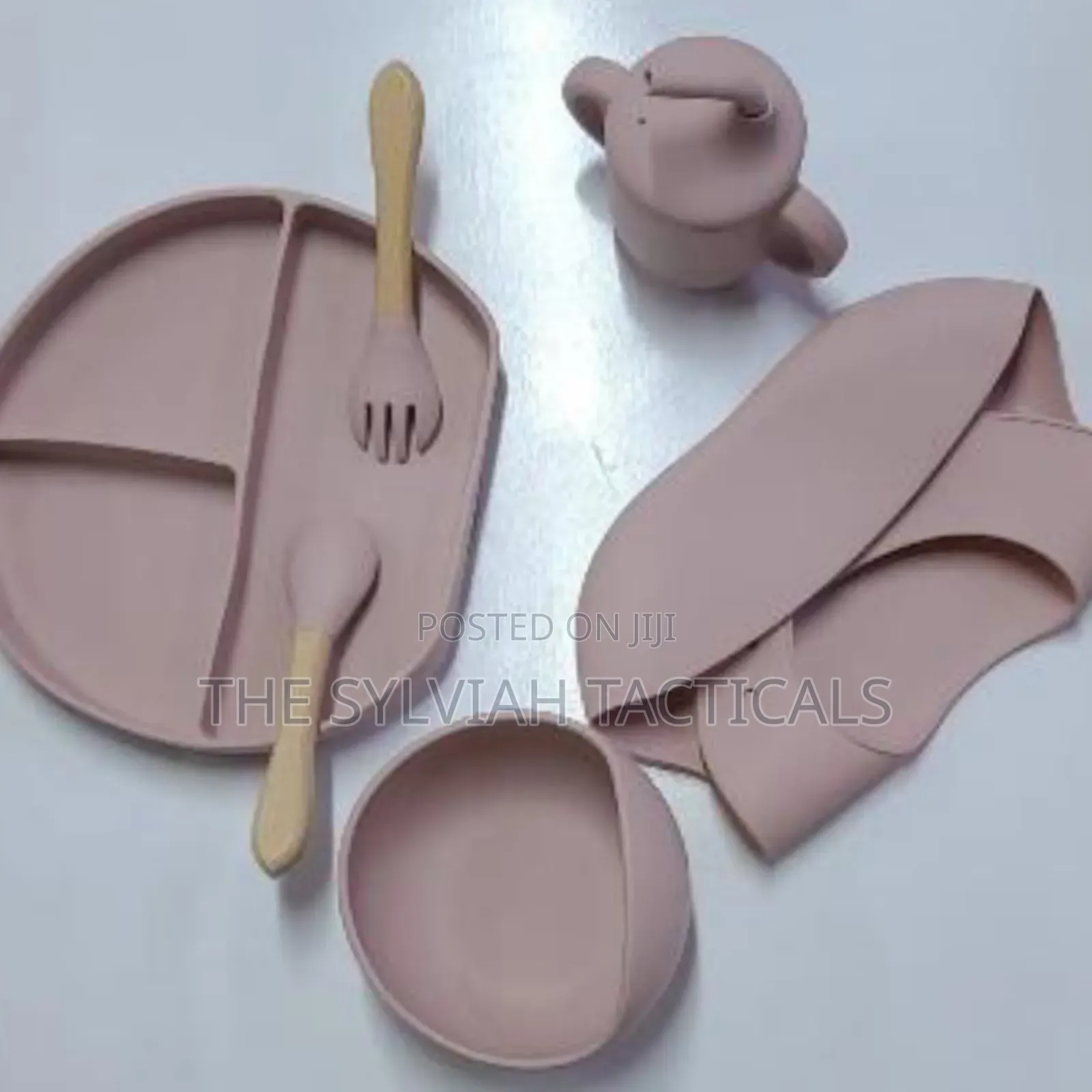 *Silicone Baby Feeding Set With Suction Plate Bowl Bib Spoon Fork Cup