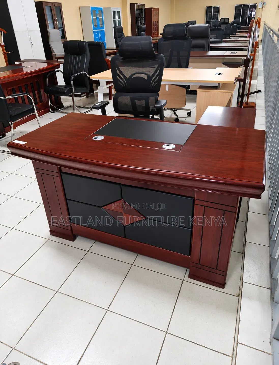 Modern Mahogany Executive Office Desk With Black Front Panel – Premium