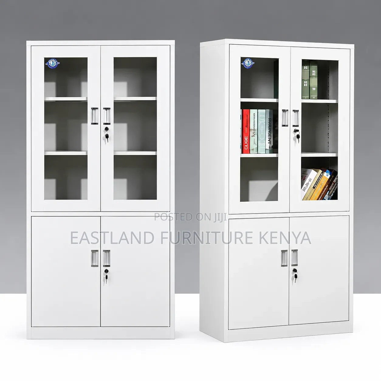 Steel Office Filing Cabinet With Glass Doors and Lockable Storage