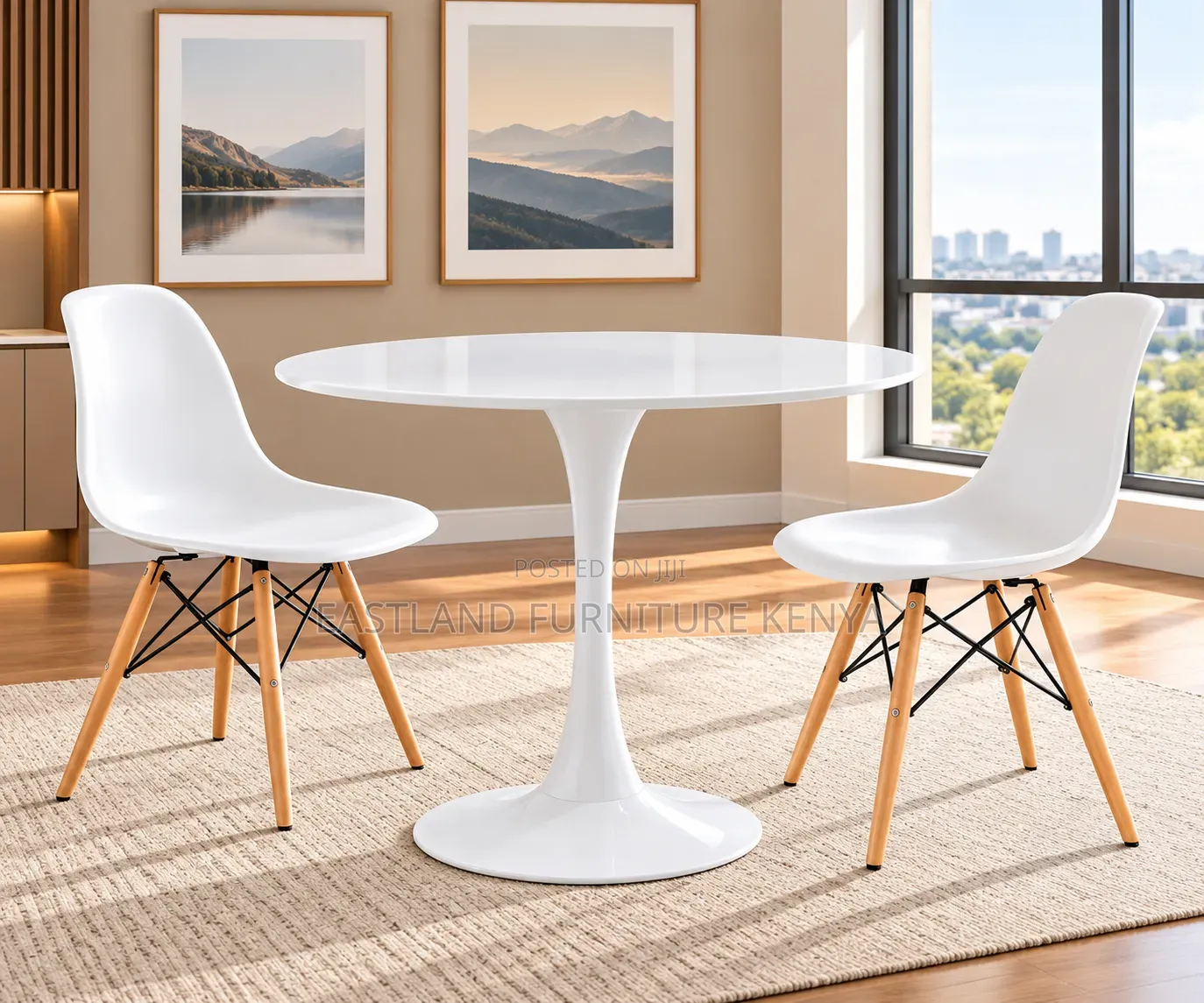 Modern White Round Dining Table Set With 2 Scandinavian Wooden-Leg