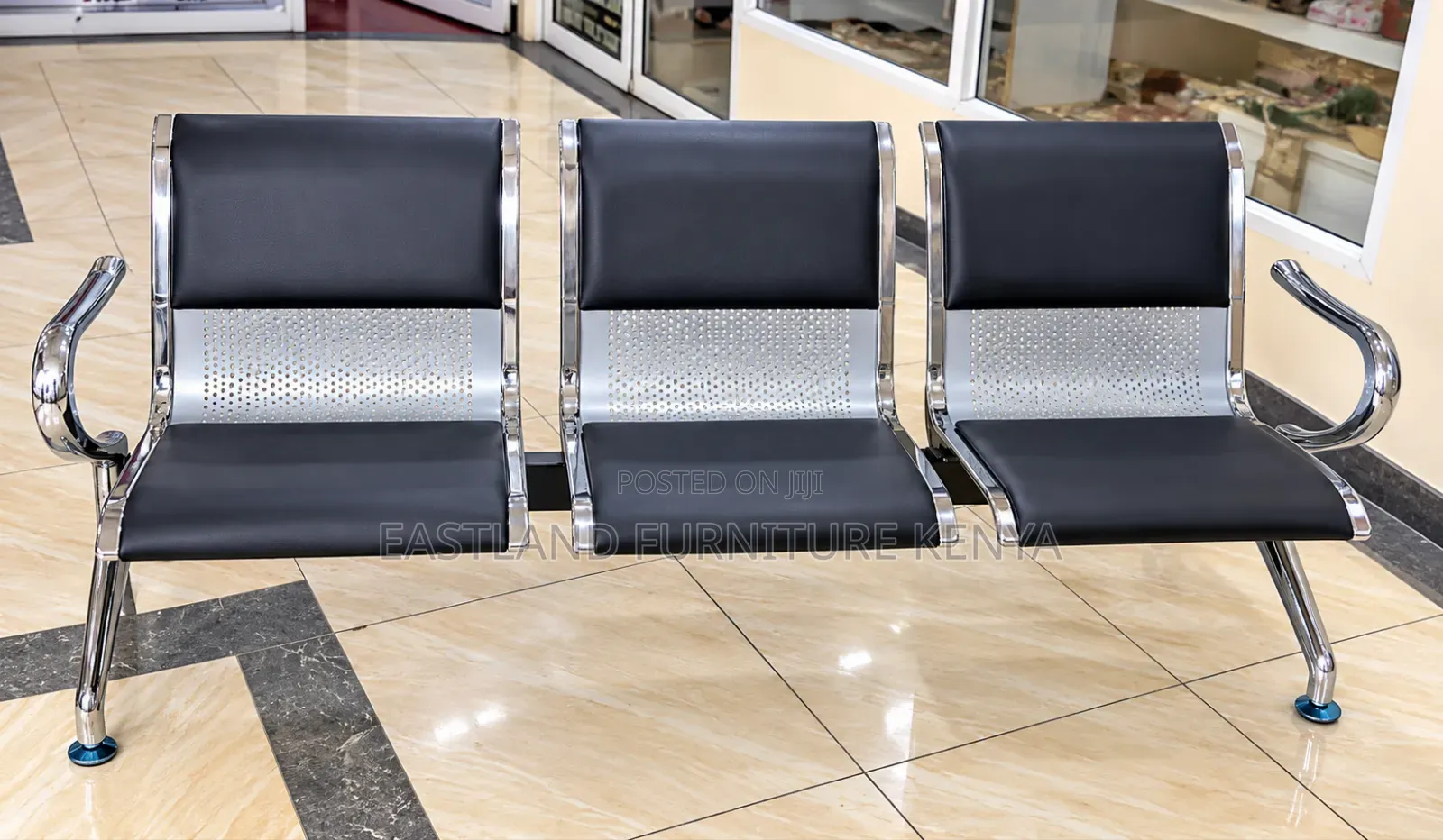 3-Seater Black and Chrome Metal Waiting Bench for Office & Reception