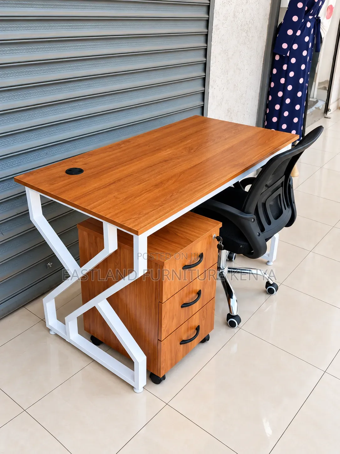 Modern Wooden Office Desk With 3-Drawer Cabinet and Mesh Chair