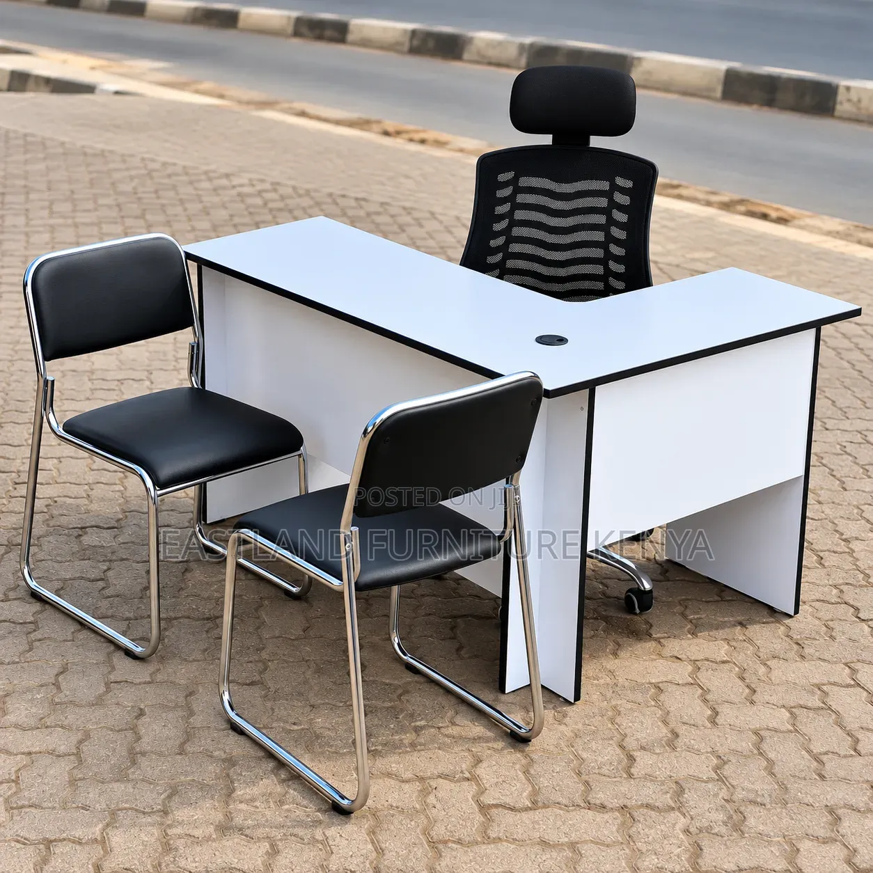 White L-Shaped Office Desk With Executive Chair and 2 Visitor Chairs