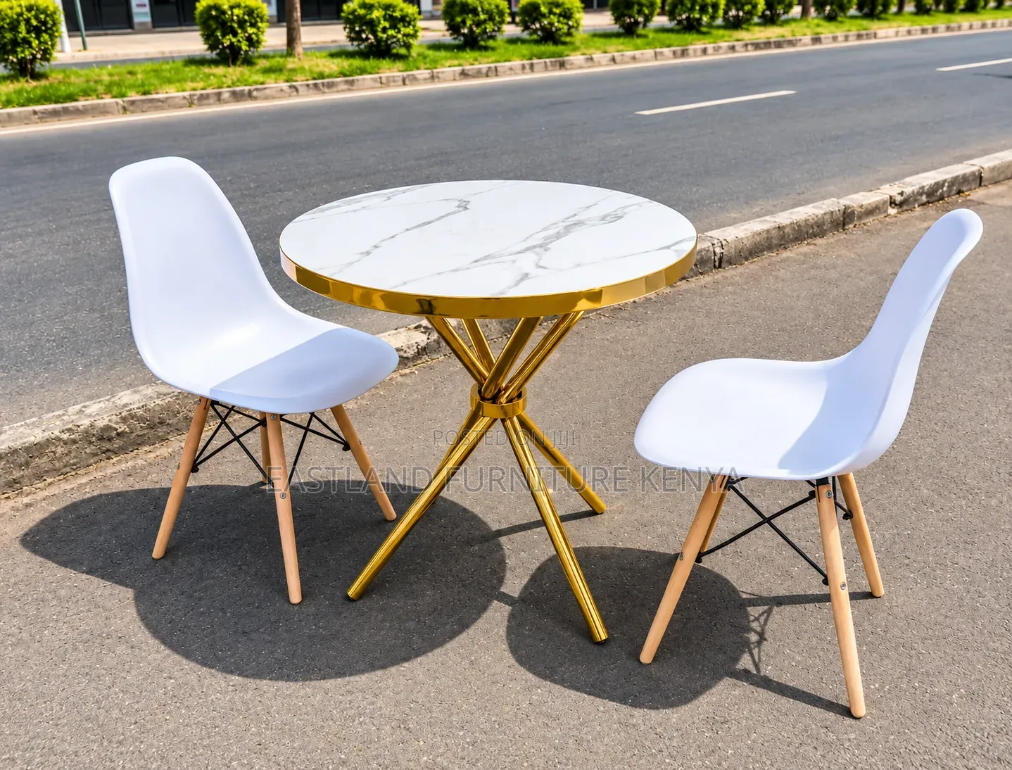 Modern White Marble Café Table Set With 2 Chairs – Gold Finish