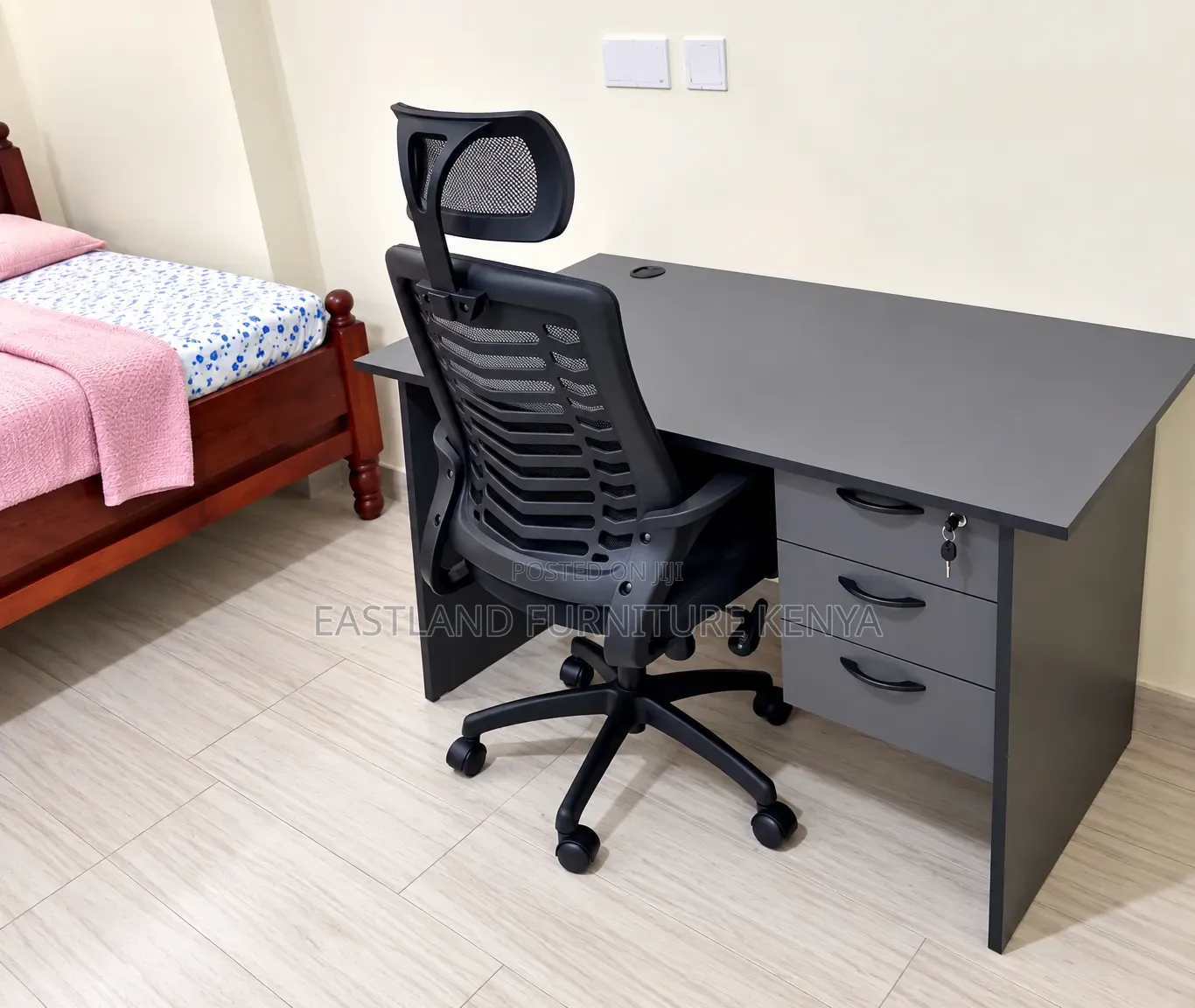 Modern Grey Office Desk With 3 Lockable Drawers and Ergonomic Chair