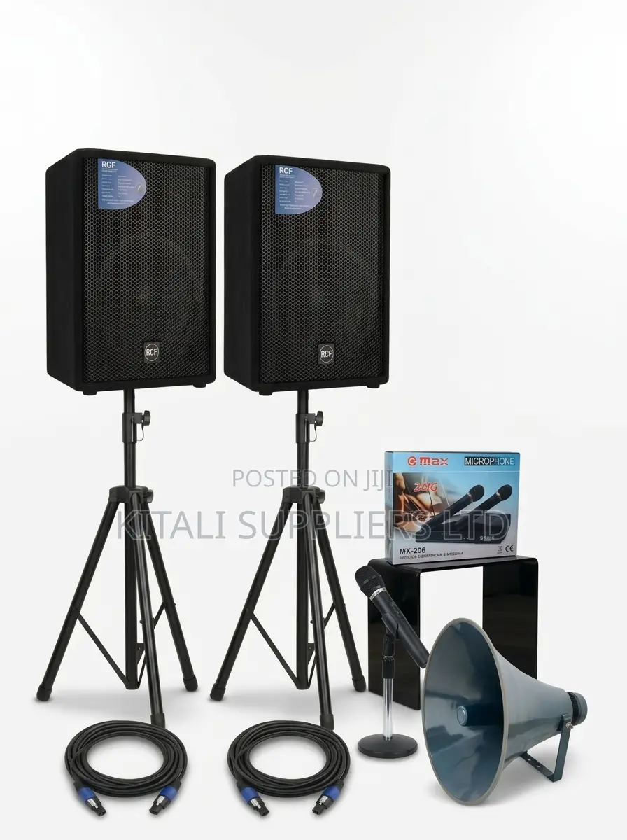 Complete Sound System Kit (2 Speakers + Stands + Wireless Mics + Horn)
