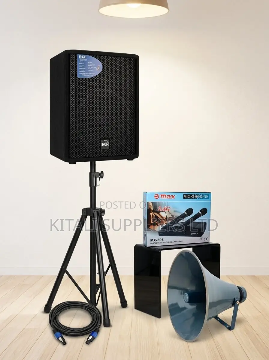 Complete Sound System Kit (2 Speakers + Stands + Wireless Mics + Horn)