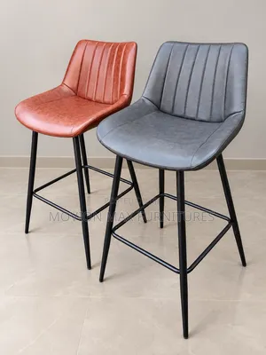 Modern Upholstered Bar Stools – Grey & Rust Brown With Black Metal Leg