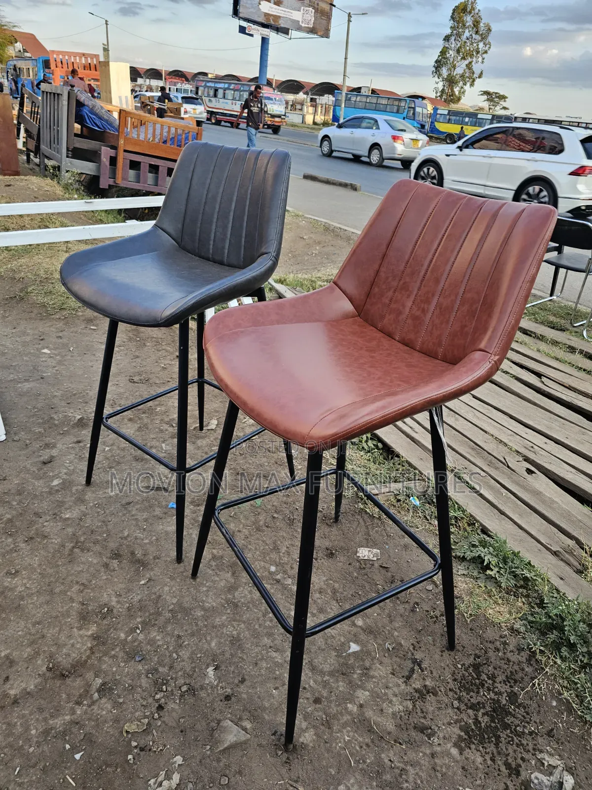 Modern Upholstered Bar Stools – Grey & Rust Brown With Black Metal Leg