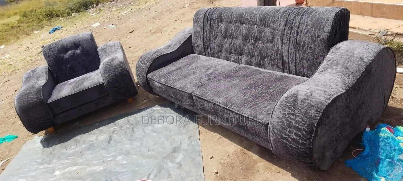 Modern Charcoal Grey Textured Sofa Set (3 Seater + 1 Seater Armchair)