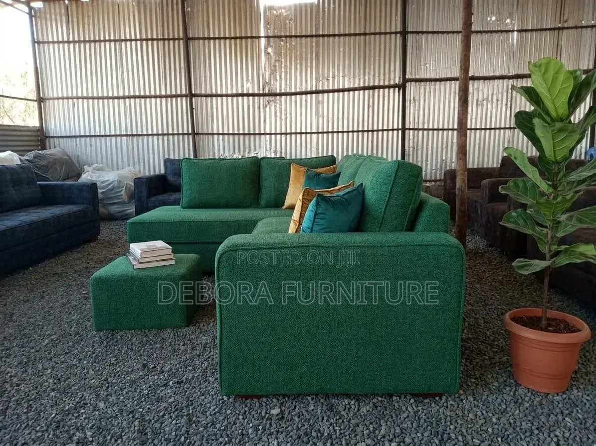 Modern Emerald Green Boucle L-Shaped Sectional Sofa + Matching Ottoman