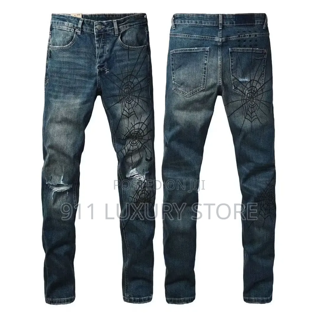 Spiderweb Print Distressed Denim Jeans