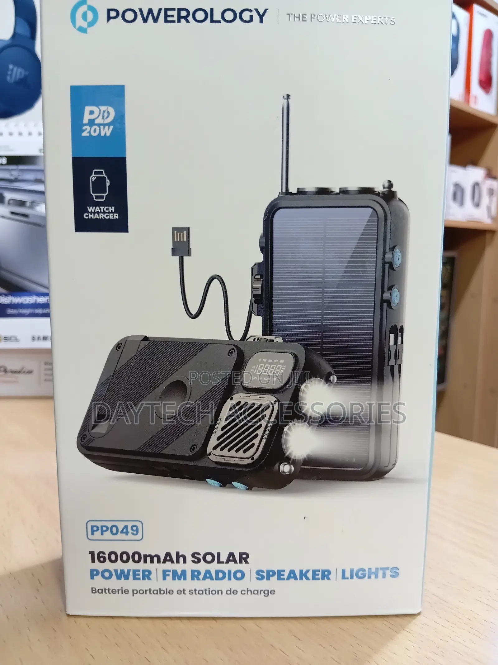 Powerology 16000mAh Solar Power Bank With FM Radio, Speaker & Lights.
