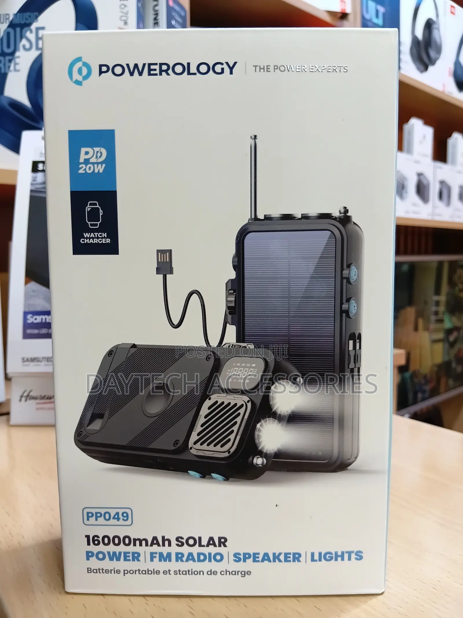 Powerology 16000mAh Solar Power Bank With FM Radio, Speaker & Lights.