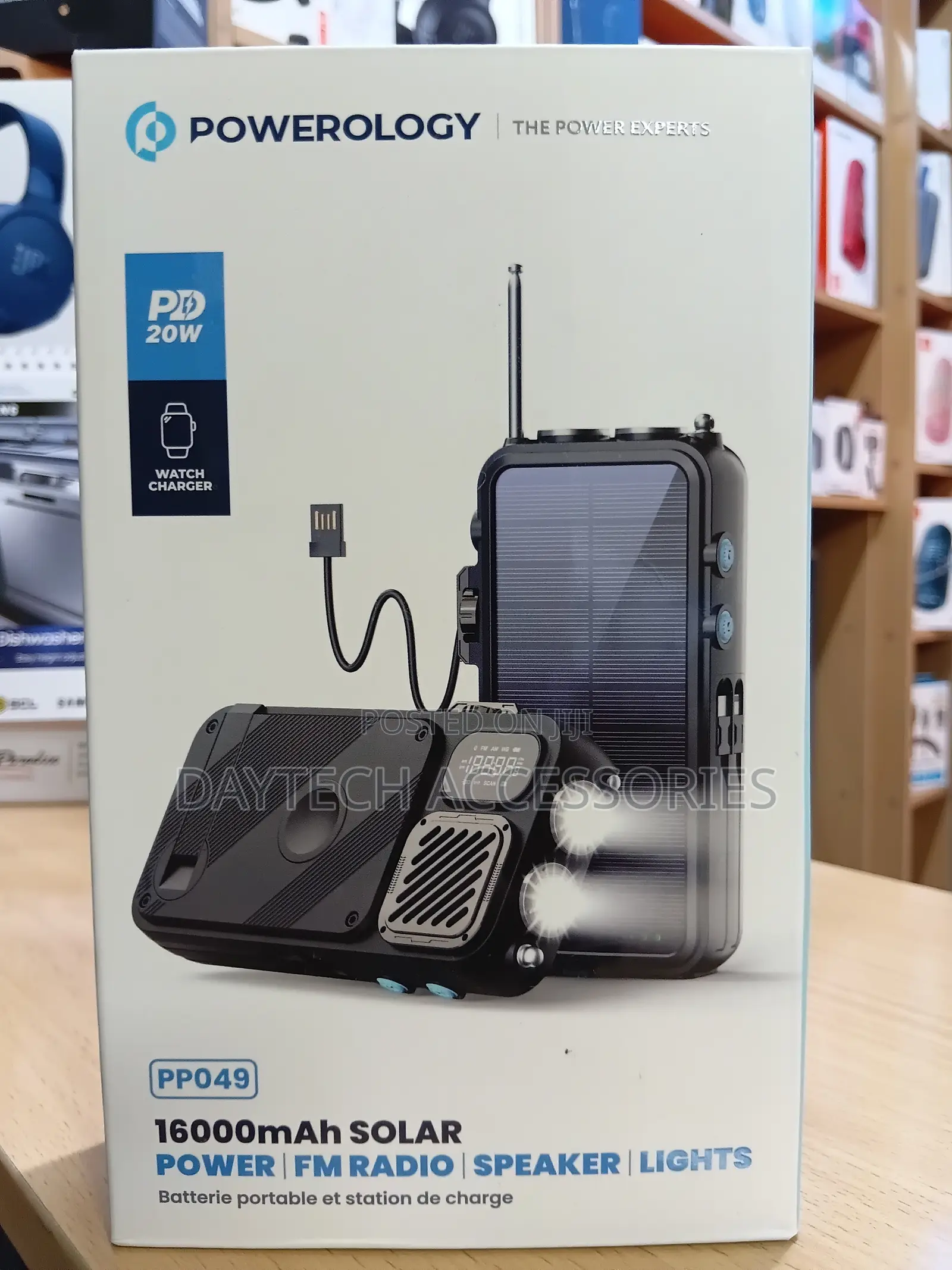 Powerology 16000mAh Solar Power Bank With FM Radio, Speaker & Lights.
