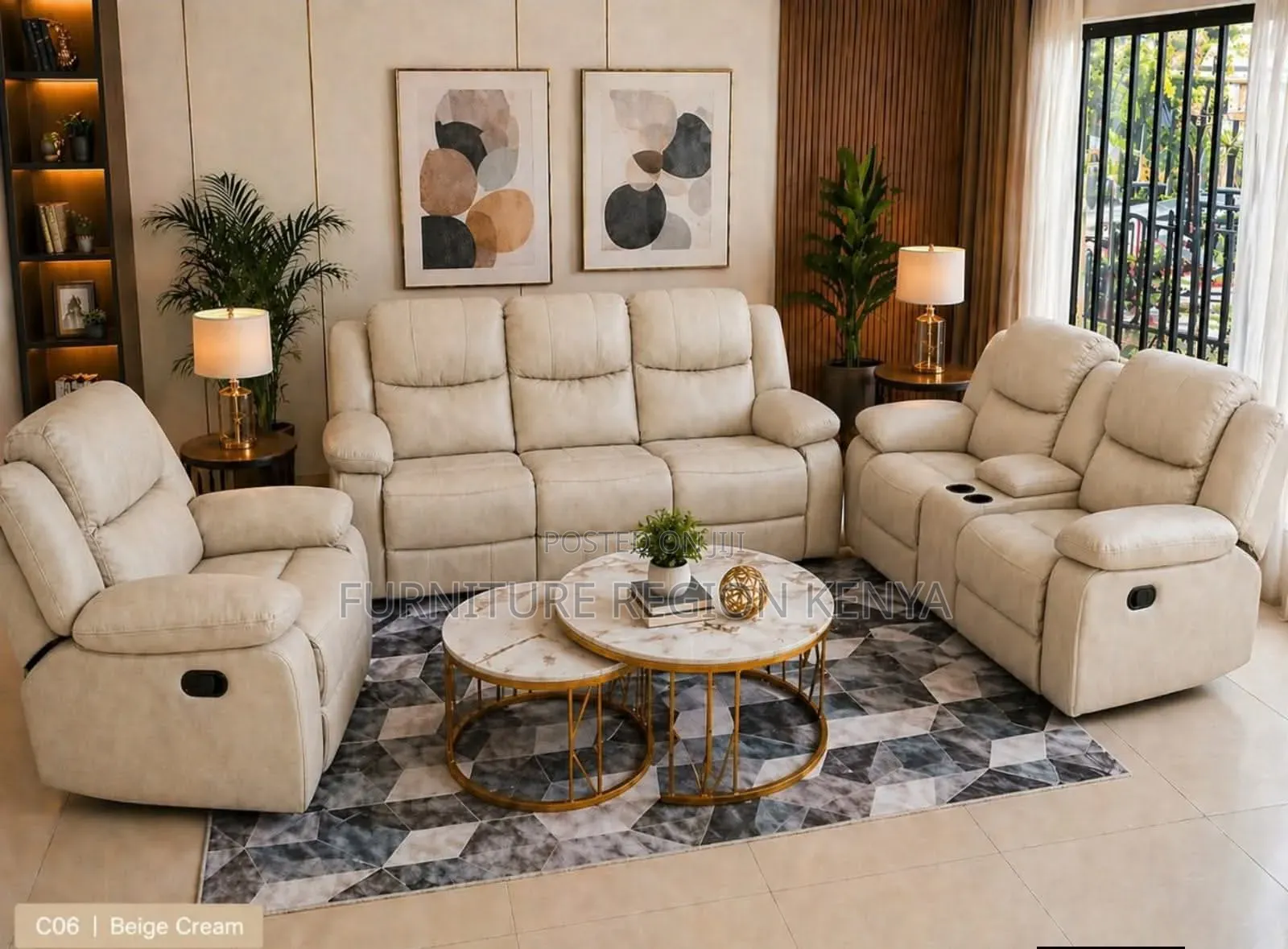 Cream White Six-Seater Recliner Sofa