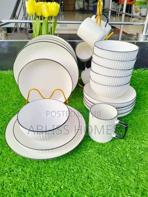 24pcs Concise White With Black Rim Dinner Set