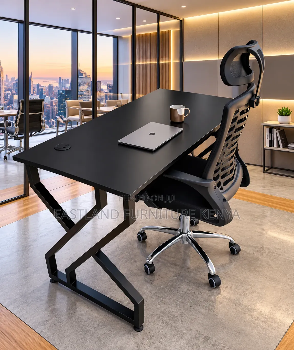 Modern Black Office Desk With Ergonomic High-Back Office Chair