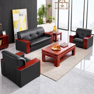 Executive Black Leather Sofa Set With Mahogany Wooden Accents