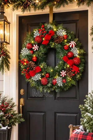 Merry Christmas Door Hanging Wreath - Gold & Red Xmas Decoration