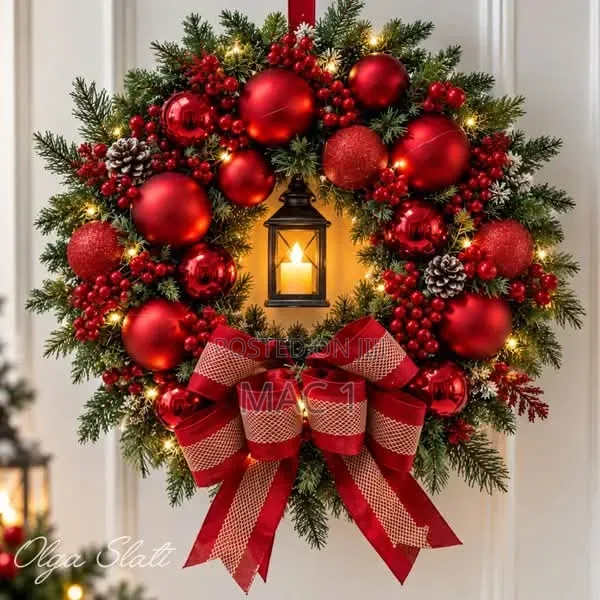 Merry Christmas Door Hanging Wreath - Gold & Red Xmas Decoration