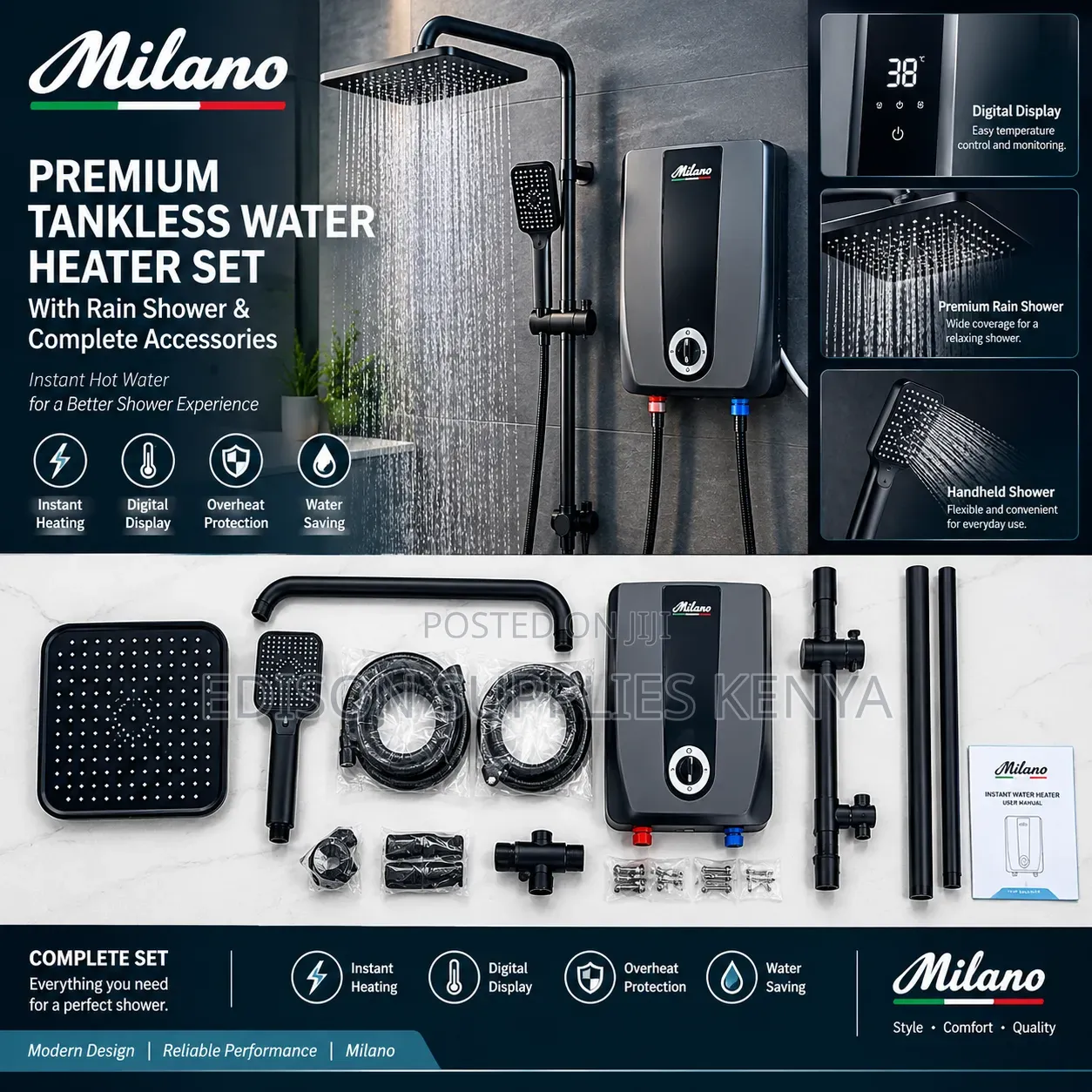 Black Milano Tankless Water Heater Rainshower Set Dual Instant Shower