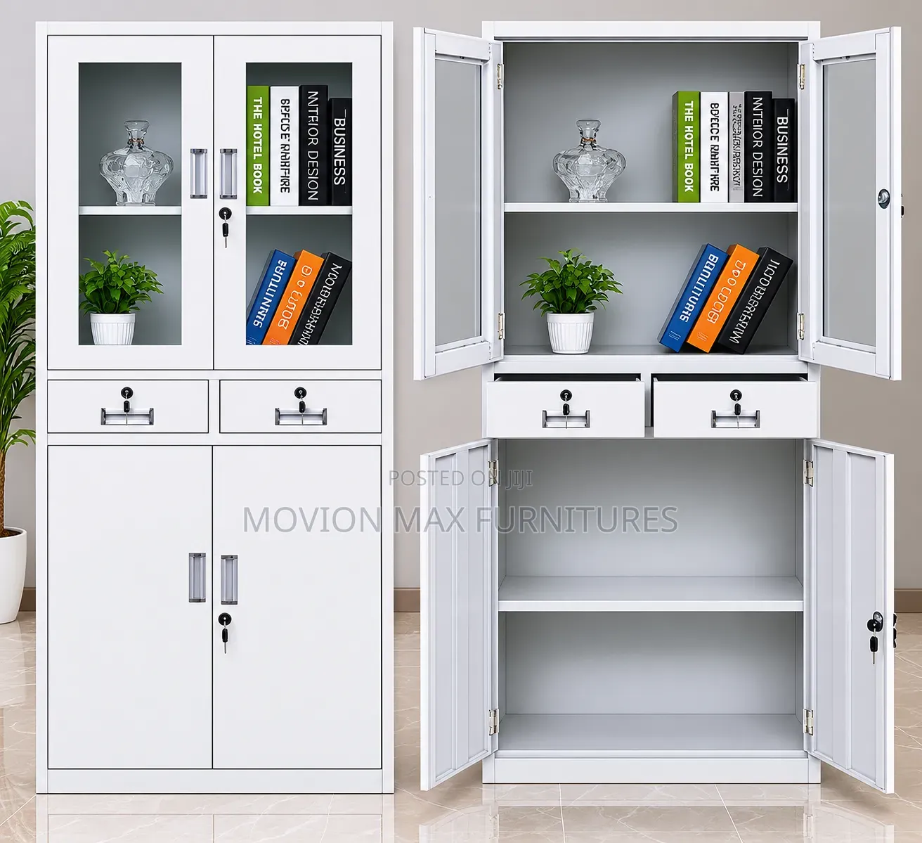 Modern White Steel Office Storage Cabinet With Glass Doors / Lockable