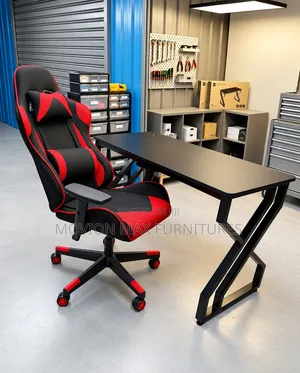 Modern Black Gaming Desk With Red and Black Ergonomic Gaming Chair Set