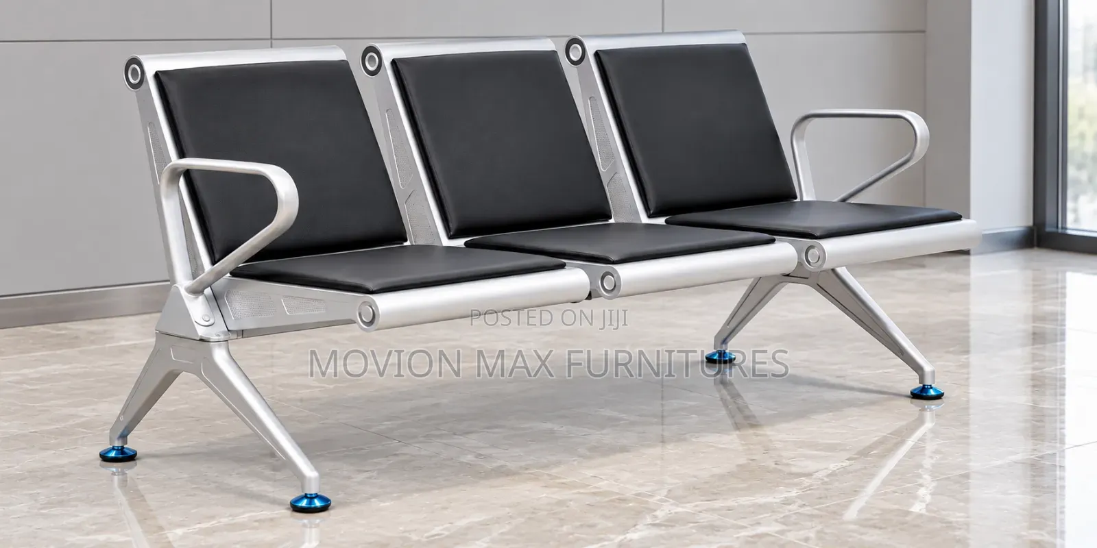 Modern 3-Seater Airport Waiting Bench Cushioned Silver Metal Frame