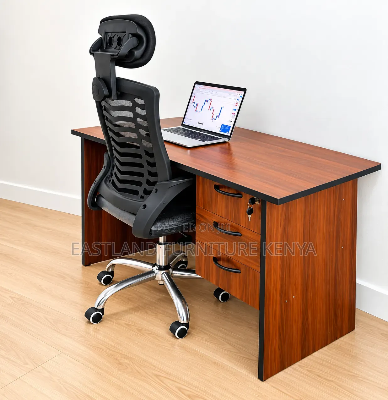 Office Desk With Ergonomic Mesh Chair – Mahogany Finish