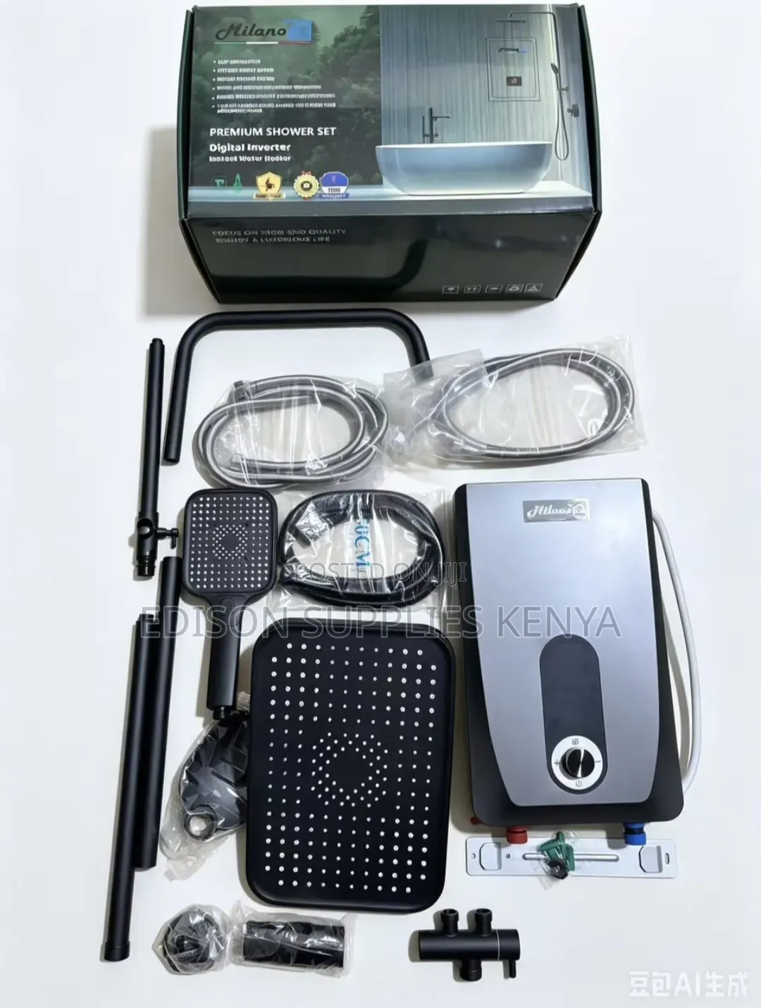 Black Milano Tankless Water Heater Rainshower Set Dual Instant Shower