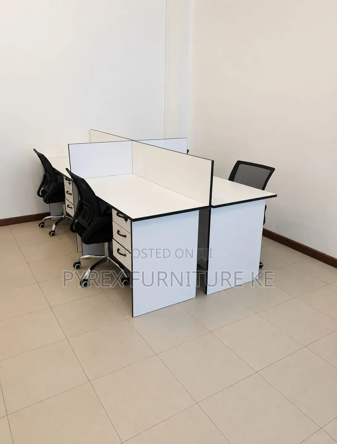 White Compact Office Cubicle Desk Set With Drawers and Mesh Chairs