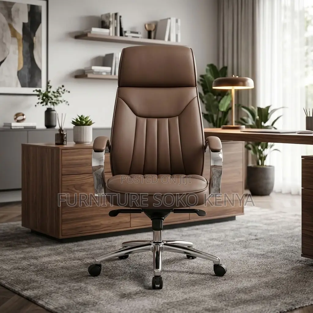 Office Chair; Brown Leather High Backrest Clerical Office Chair