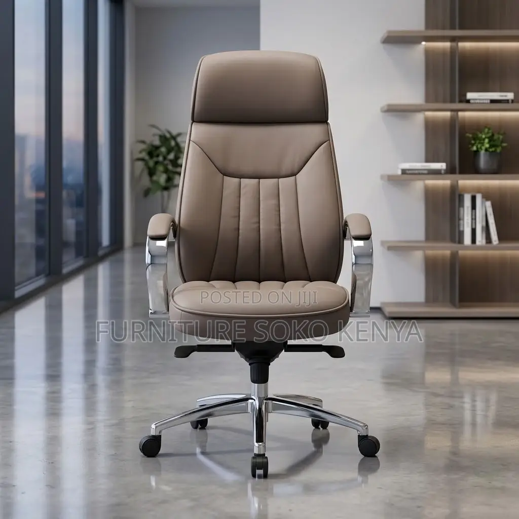 Office Chair; Brown Leather High Backrest Clerical Office Chair