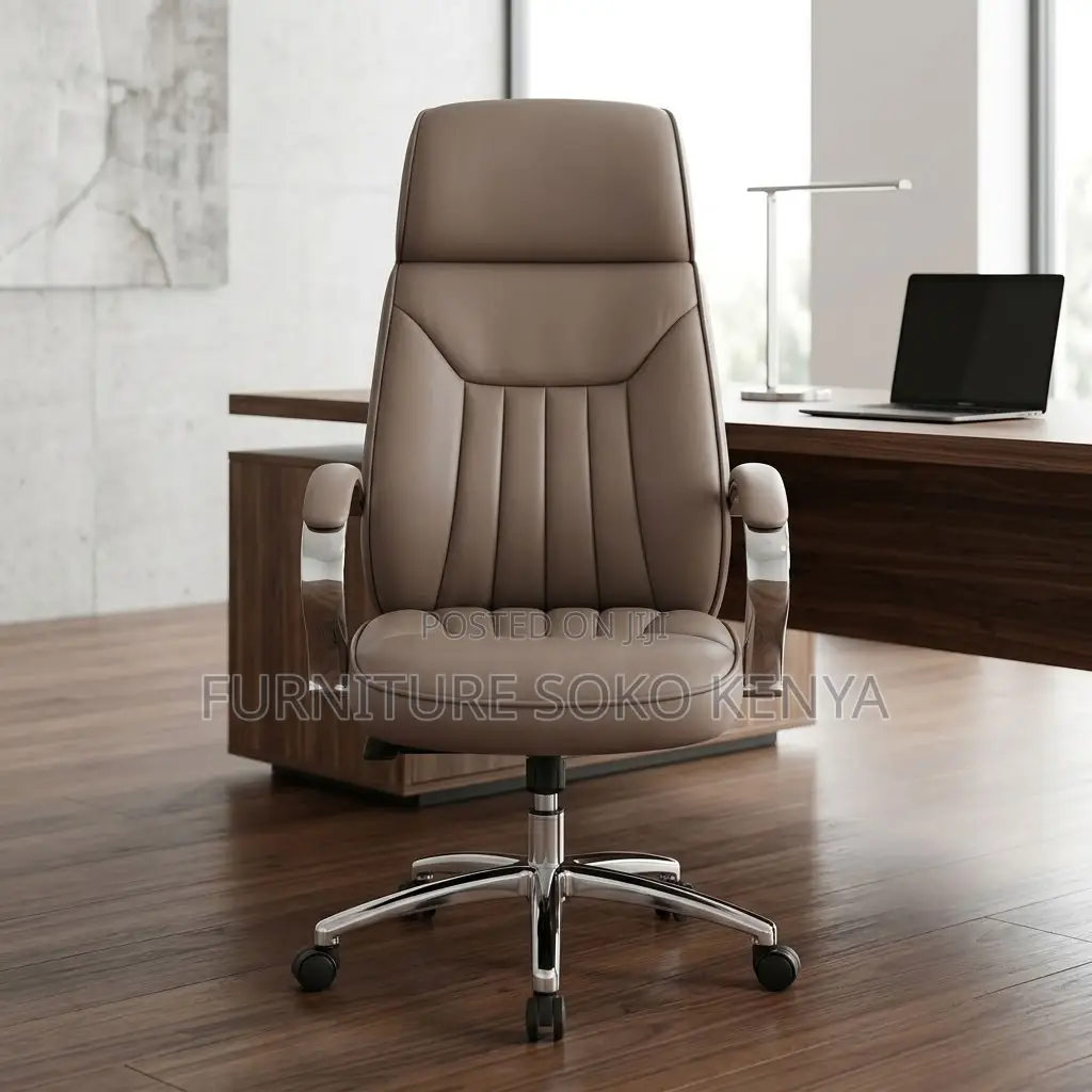 Office Chair; Brown Leather High Backrest Clerical Office Chair